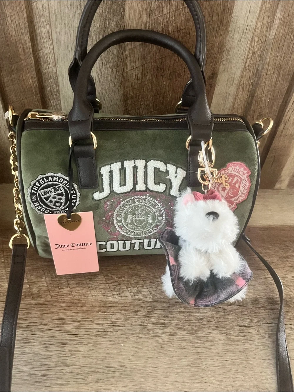NWT Juicy Couture Olive Green Velour Heritage Bowler Satchel Bag Crossbody